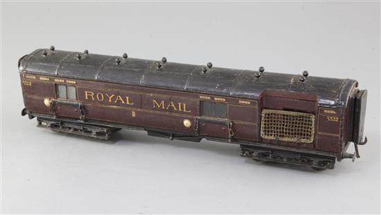 A scratchbuilt LMS Royal Mail baggage van, no.3244, in crimson